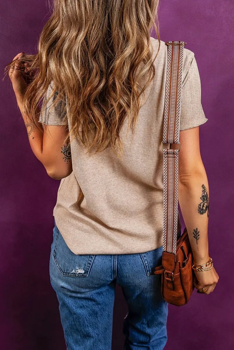 Oatmeal Short Sleeve Half Button Ribbed Knit Top for Women - Love Salve